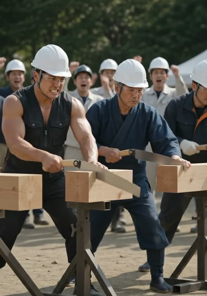 3人が横並びで手ノコでバタ角を切る早切り競技の様子